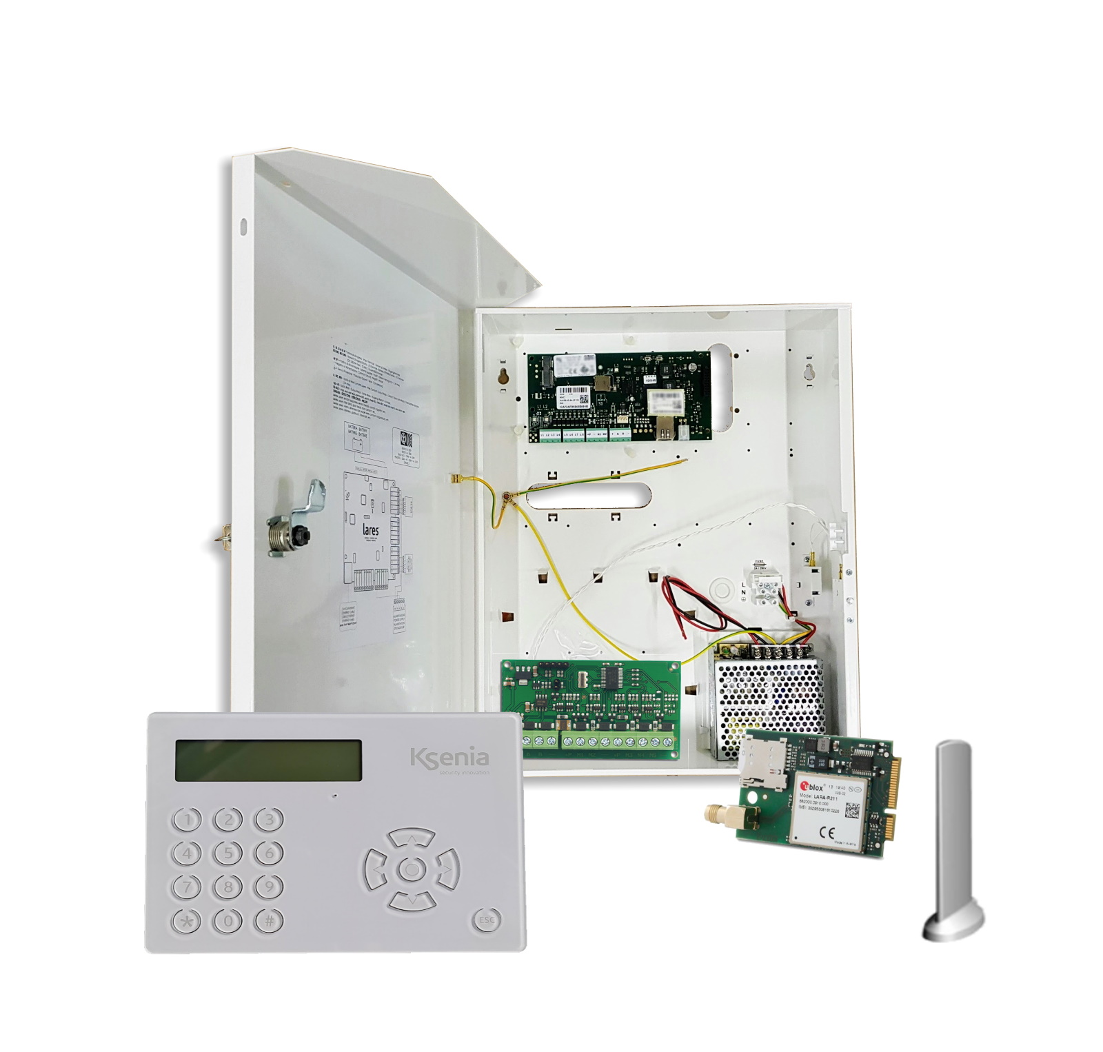10020022 Kit Ksenia, Centrale 10-40 grand boîtier métallique, clavier sensitif blanc,module d'extension, kit 4G (carte + antenne)