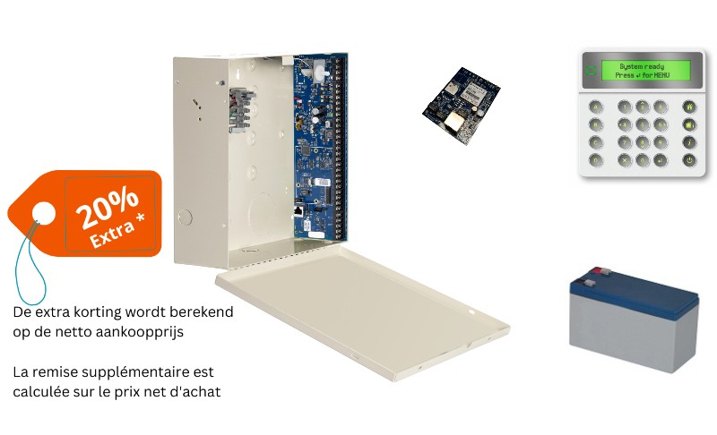 10000131 Kit NXG, centrale IP 8-48 zones, clavier LCD blanc, modem 4G + antenne + carte SIM, batterie