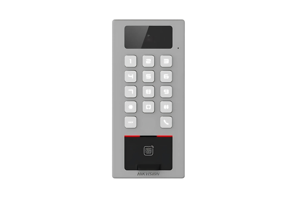 20001927 Terminal de contrôle d'accès Hikvision avec lecteur de carte intégré, clavier, lecteur d'empreintes digitales et prise en charge vidéo, IP65 & IK09