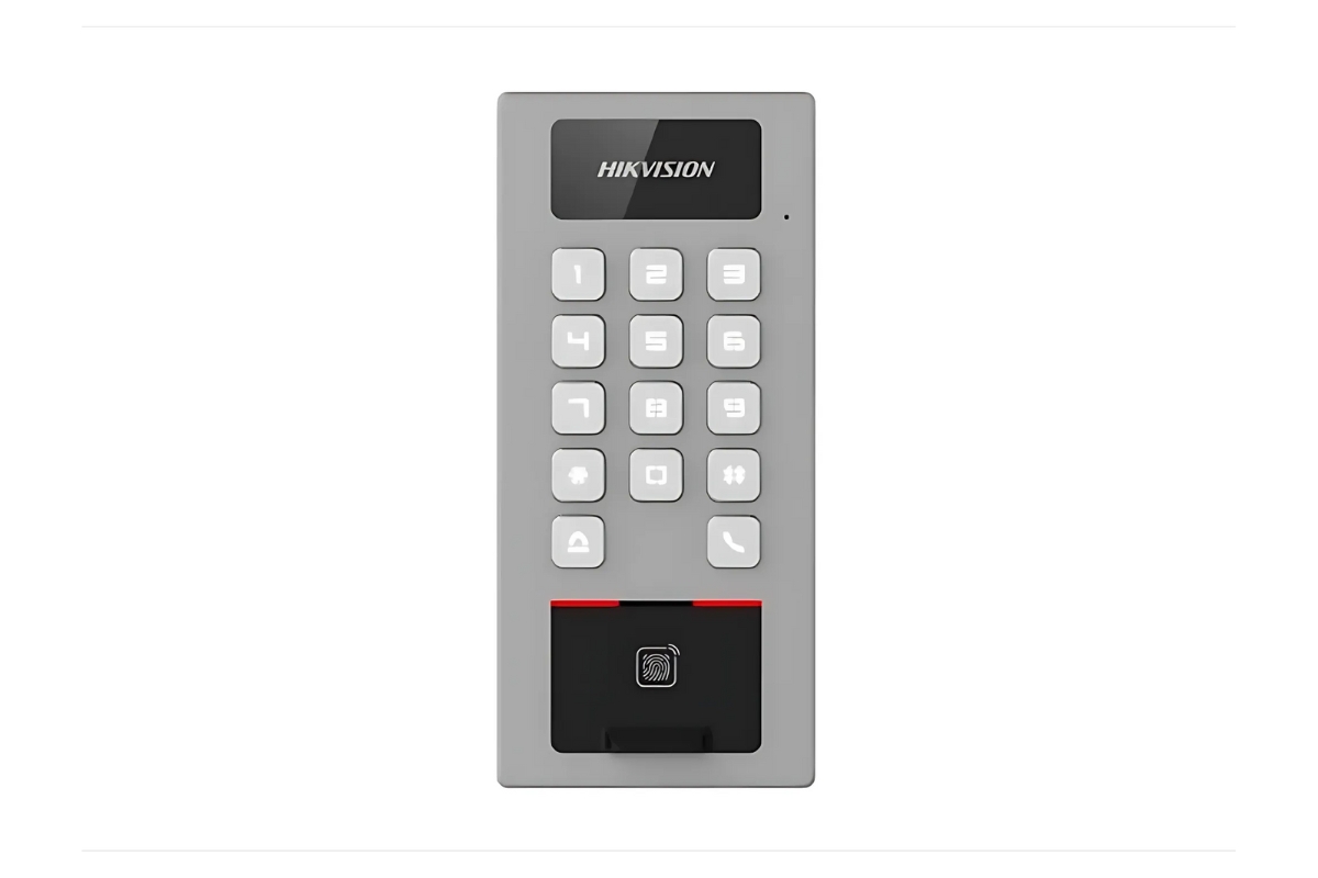 20001929 Terminal de contrôle d'accès Hikvision avec lecteur de carte intégré, clavier, lecteur d'empreintes digitales et prise en charge SIP, IP65 & IK09