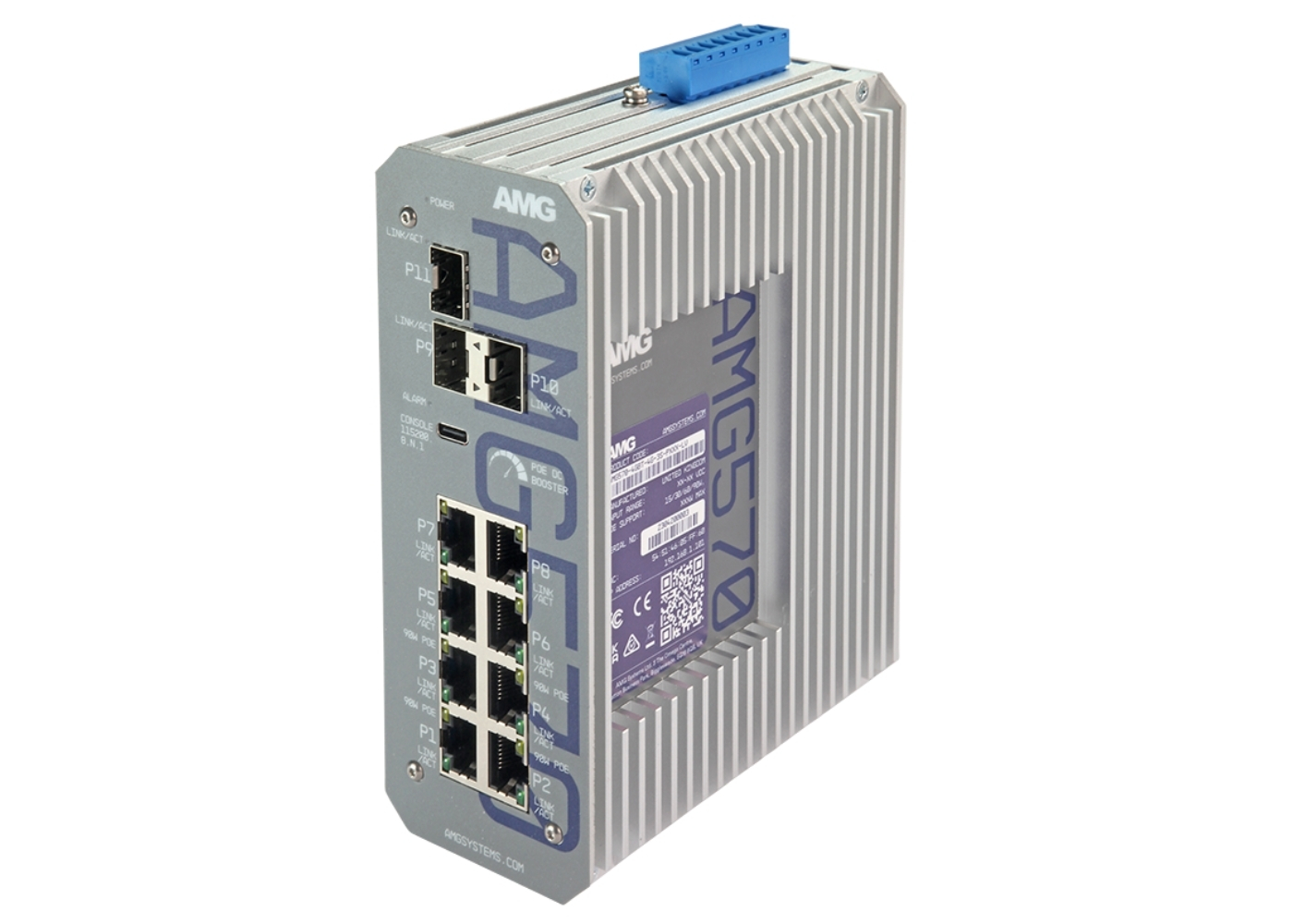 20065303 Industriële managed switch met 11 poorten, voorzien van 8x 10/100/1000TX (4x 90W PoE, Max 190W & 4x Non-PoE), 3x 100M/1G/2.5G SFP-poorten, 20-60VDC